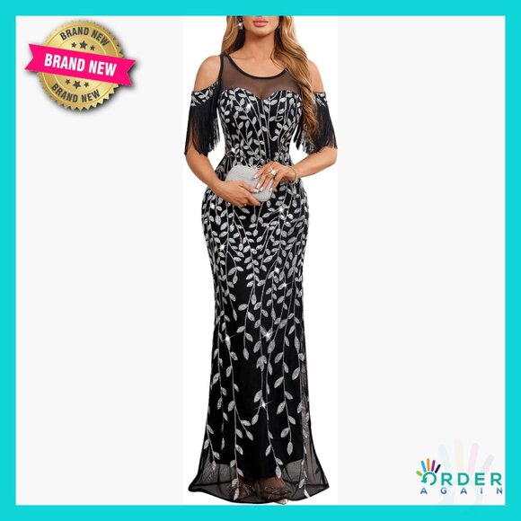 Sequin Mermaid Maxi Dress One Shoulder Tassel Sleeve Formal Evening Gown